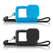 GoPro HERO 9 10 11 12 Siyah Silikon Koruyucu Kılıf Mavi Bileklik ve Lens Kapağı - 9