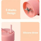 420ml Pembe USB Şarjlı 6 Bıçaklı Pipetli Taşınabilir Meyve Sıkacağı Smoothie Makinesi - 6