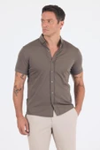 Koyu Haki italyan Düğmeli Yaka Kısa Kol Cepsiz Slim Fit Gömlek 1004250255 thumbnail 3