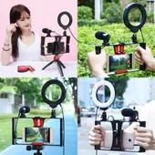 PULUZ 3 in 1 Vlogging Canlı Yayın Akıllı Telefon Video Rig Seti Kırmızı Mikrofonlu 12cm Halka LED Selfie Işığı Soğuk Ayaklı Tripod Başlığı ile - 12