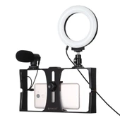 PULUZ 3 in 1 Vlogging Canlı Yayın Akıllı Telefon Video Rig Seti Kırmızı Mikrofonlu 12cm Halka LED Selfie Işığı Soğuk Ayaklı Tripod Başlığı ile - 2