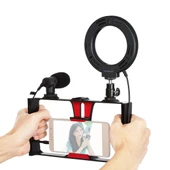 PULUZ 3 in 1 Vlogging Canlı Yayın Akıllı Telefon Video Rig Seti Kırmızı Mikrofonlu 12cm Halka LED Selfie Işığı Soğuk Ayaklı Tripod Başlığı ile - 1