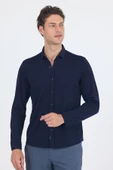 Koyu Lacivert Uzun Kol Düz Örme Polo Yaka Cepsiz Esnek Classic Slim Fit Gömlek 1004250153_200 thumbnail 3