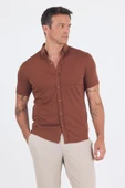 Kiremit italyan Düğmeli Yaka Kısa Kol Cepsiz Slim Fit Gömlek 1004250255 thumbnail 3