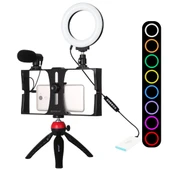PULUZ 4 in 1 Vlogging Canlı Yayın Akıllı Telefon Video Rig Kiti Kirmizi RGBW 12cm Halka LED Selfie Isigi Mikrofon ve Cep Tripod - 1