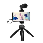 PULUZ Canlı Yayın Akıllı Telefon Video Vlogger Seti Mikrofon Tripod ve Telefon Tutucu Siyah - 1