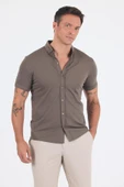Koyu Haki italyan Düğmeli Yaka Kısa Kol Cepsiz Slim Fit Gömlek 1004250255 thumbnail 1