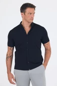 Siyah italyan Düğmeli Yaka Kısa Kol Cepsiz Slim Fit Gömlek 1004250255 thumbnail 3