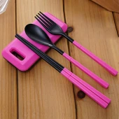 3 in 1 ABS Katlanabilir Yemek Takımı Çatal Çubuk Seti Saklama Kutulu Pembe - 6