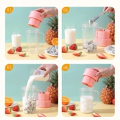 420ml Pembe USB Şarjlı 6 Bıçaklı Pipetli Taşınabilir Meyve Sıkacağı Smoothie Makinesi - 7
