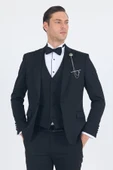 Siyah Kılıç Yaka Tek Düğme Slim Fit Yelekli Ceremony Takım Elbise 1001250200 - 4
