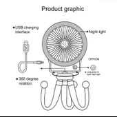 Mini Ahtapot Gece Lambası Fan USB Şarjlı Taşınabilir Bebek Arabası İçin Sevimli Çocuk Vantilatörü - 3