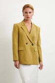 Çift Düğmeli Keten Blazer Ceket Olive - 1