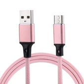 1 Metre 2A Çıkışlı USB Mikro USB Naylon Örgü Veri Senkronizasyon ve Şarj Kablosu Pembe - 1