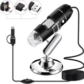 1600X Büyütmeli HD Görüntü Sensörlü 3 in 1 USB Dijital Mikroskop 8 LED ve Profesyonel Stand Siyah - 1