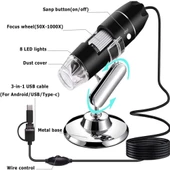 1600X Büyütmeli HD Görüntü Sensörlü 3 in 1 USB Dijital Mikroskop 8 LED ve Profesyonel Stand Siyah - 2