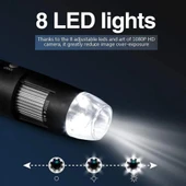1600X Büyütmeli HD Görüntü Sensörlü 3 in 1 USB Dijital Mikroskop 8 LED ve Profesyonel Stand Siyah - 6