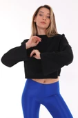 Kadın Siyah Pamuklu Yarasa Kol Crop Sweatshirt - 6