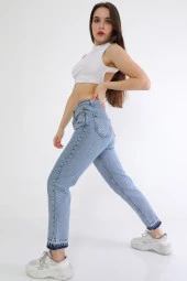 Kadın Yüksek Bel Serpme Taşlı Mom Jean Kot Pantolon - 5