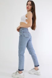Kadın Yüksek Bel Serpme Taşlı Mom Jean Kot Pantolon - 7