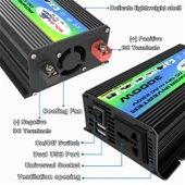 Tang I Nesil 12V den 110V ye 3000W Modifiye Kare Dalga Akıllı Araç Güç İnvertörü Çift USB Siyah - 5