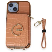 İPhone 14 Uyumlu 3 Parça Açık Kahverengi Çanta Cüzdan Askılık Set Kılıf - 1