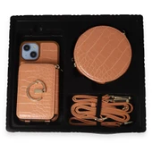 İPhone 14 Uyumlu 3 Parça Açık Kahverengi Çanta Cüzdan Askılık Set Kılıf - 4