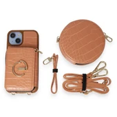 İPhone 14 Uyumlu 3 Parça Açık Kahverengi Çanta Cüzdan Askılık Set Kılıf - 5