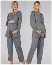 Bone Club 5306 Gri V Yaka Dantelli Lohusa Pijama Tk - 3
