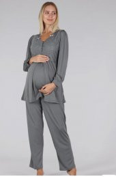 Bone Club 5306 Gri V Yaka Dantelli Lohusa Pijama Tk - 5