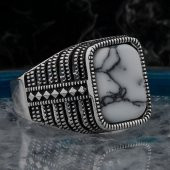 Beyaz Firuze Taşlı 925 Ayar Gümüş Erkek Yüzük thumbnail 1