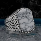 Beyaz Firuze Taşlı Zincir Tasarımlı 925 Ayar Gümüş Erkek Yüzük thumbnail 1