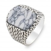 Beyaz Firuze Taşlı Zincir Tasarımlı 925 Ayar Gümüş Erkek Yüzük thumbnail 3