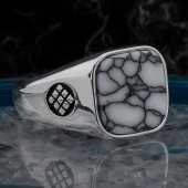 Beyaz Firuze Taşlı Kare Sade Model Gümüş Erkek Yüzük thumbnail 1