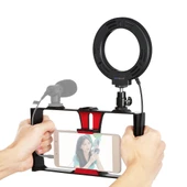 PULUZ 2'si 1 Arada Vlogging Canlı Yayın Akıllı Telefon Video Rig ve 12cm 4.7 inç Kırmızı Halka LED Selfie Işığı Seti Soğuk Ayak Tripod Başlığı ile - 1