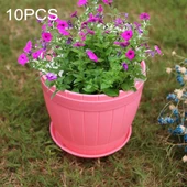 10lu Pembe Plastik Reçine Ahşap Görünümlü Varil Saksı Tepsili 19cm Çap 16.5cm Yükseklik - 1