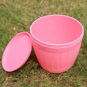 10lu Pembe Plastik Reçine Ahşap Görünümlü Varil Saksı Tepsili 19cm Çap 16.5cm Yükseklik - 3