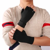 Siyah Fiber Spor Nefes Alabilir Yarım Parmak Eldiven Rehabilitasyon Egzersiz Artrit Basınç Eldiveni Beden M - 6