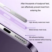 iPhone 12 13 14 15 Serisi Metal Kaplamalı Toz Geçirmez Hoparlör Şarj Portu Koruyucu Film Gümüş 2li Set - 6