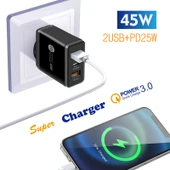 45W PD3.0 Hızlı Şarj Cihazı 2x QC3.0 USB Çoklu Port Siyah EU Fiş - 3