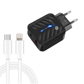 PD03 20W PD3.0 QC3.0 USB Şarj Cihazı Siyah Tip C 8 Pin Veri Kablosu EU Fiş - 1