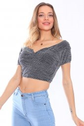 Simli V Yaka Yarım Kollu Crop Bluz - 1
