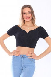 Simli V Yaka Yarım Kollu Crop Bluz - 5