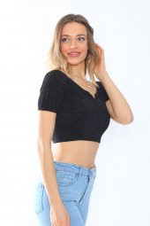 Simli V Yaka Yarım Kollu Crop Bluz - 6