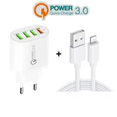 QC04 QC3.0 Hızlı Şarjlı 3 USB2.0 Çoklu Port Şarj Cihazı 3A USB 8 Pin Veri Kablosu Beyaz EU Fiş - 3