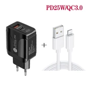 PD25W USB-C ve QC3.0 USB Çift Port Hızlı Şarj Cihazı Siyah 1m USB-8 Pin Kablo ile EU Fiş - 3