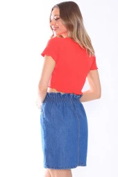 Yüksek Bel Beli Lastikli Kot Etek - 12