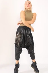 Yüksek Bel Pul ve File Detaylı Deri Şalvar Pantolon - 1