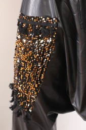 Yüksek Bel Pul ve File Detaylı Deri Şalvar Pantolon - 5