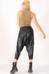 Yüksek Bel Pul ve File Detaylı Deri Şalvar Pantolon - 6